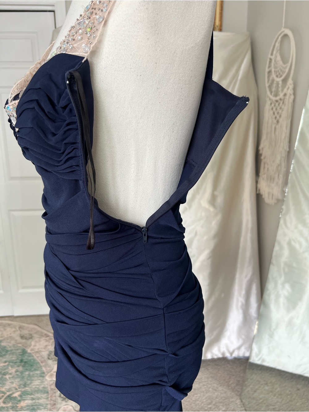 Y2K Navy Rhinestone Ruched Mini Dress - Picture 4 of 6